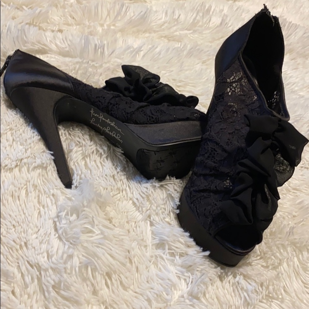 Black Kardashian Pumps Lace/Ruffle accent